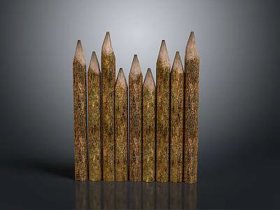 Wooden Stakes With Pointed Tops And Natural Texture Arranged In Row On Gray Background 3d model