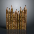 Wooden Stakes With Pointed Tops And Natural Texture Arranged In Row On Gray Background