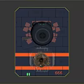 Metallic Robot With Dome Head On Blue Platform Featuring Orange Stripes And Dirt Pile
