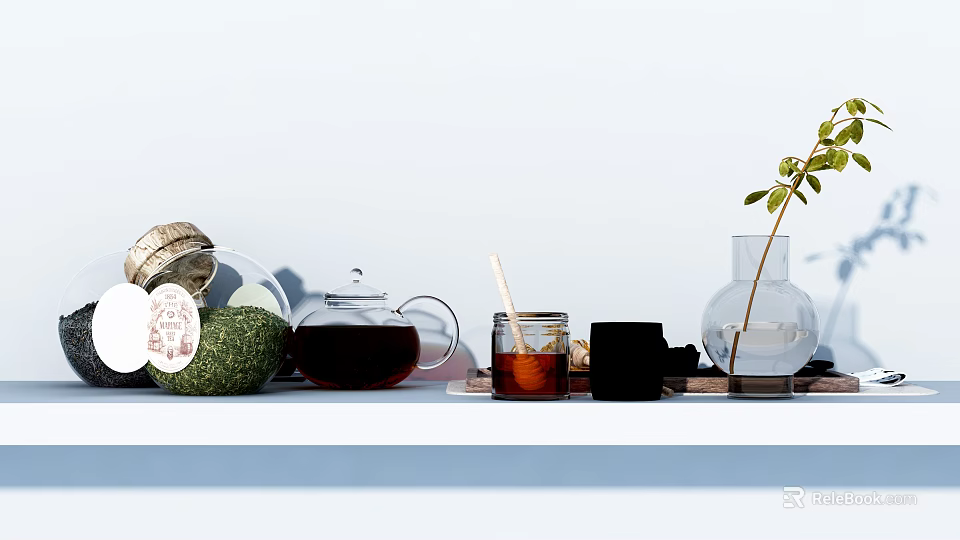 Modern Minimalist Tea Set with Glass Teapot Ceramic Cups and Green Plant on Light Background 3d model 