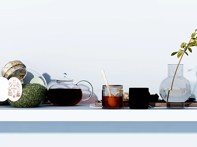 Modern Minimalist Tea Set with Glass Teapot Ceramic Cups and Green Plant on Light Background 3d model