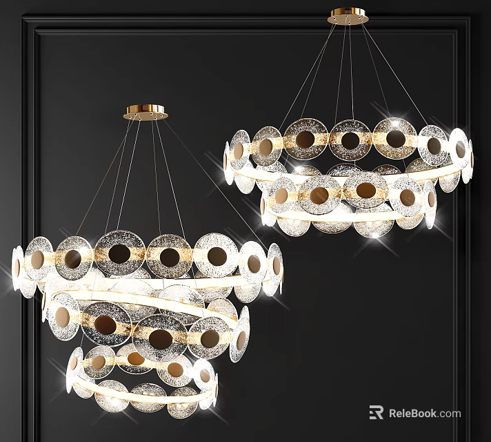 Modern Chandelier Featuring Multiple Circular Glass Rings And Gold Metal Hanging Structure 3d model 