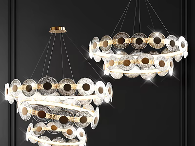 Modern Chandelier Featuring Multiple Circular Glass Rings And Gold Metal Hanging Structure 3d model