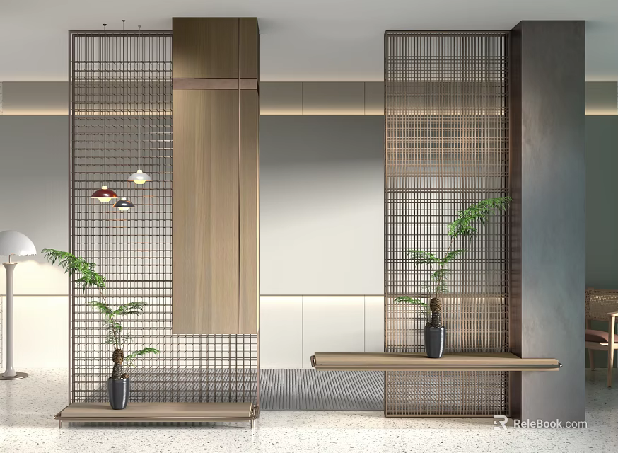 Modern Room Dividers With Wooden Frame Metal Grid And Green Plants On Shelves 3d model 