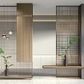 Modern Room Dividers With Wooden Frame Metal Grid And Green Plants On Shelves