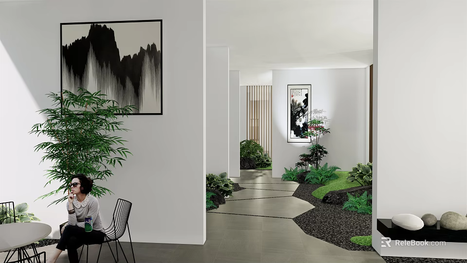 Modern Tea Room Interior With Chinese Ink Paintings Green Plants And Stone Pathway 3d model 