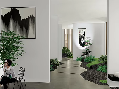 Modern Tea Room Interior With Chinese Ink Paintings Green Plants And Stone Pathway 3d model