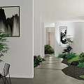 Modern Tea Room Interior With Chinese Ink Paintings Green Plants And Stone Pathway