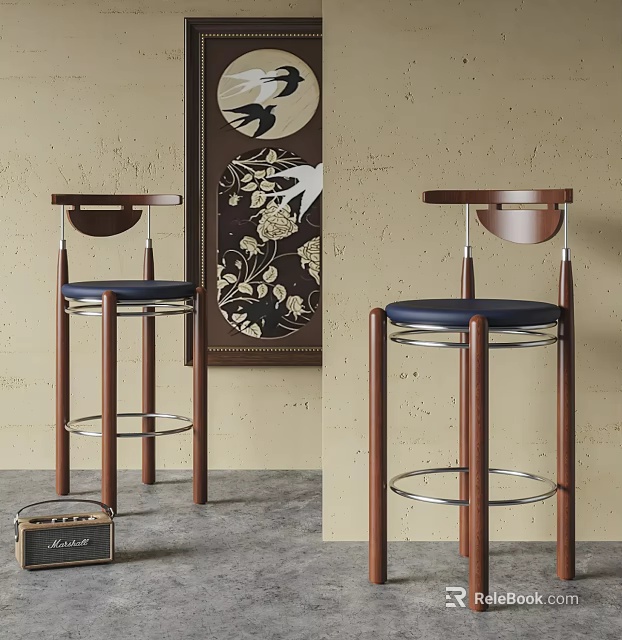 Modern Wooden Bar Stools with Curved Backrest Blue Upholstered Seat and Metal Footrest 3d model 