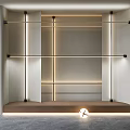 Modern Interior Design With Glass Partition Metal Frame Layered Shelves Wooden Platform And Round Light