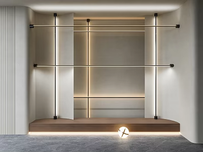 Modern Interior Design With Glass Partition Metal Frame Layered Shelves Wooden Platform And Round Light 3d model