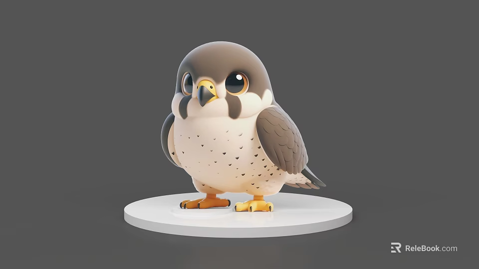 Cute Cartoon Flying Bird with Big Eyes and Brown White Feathers on White Round Base 3d model 