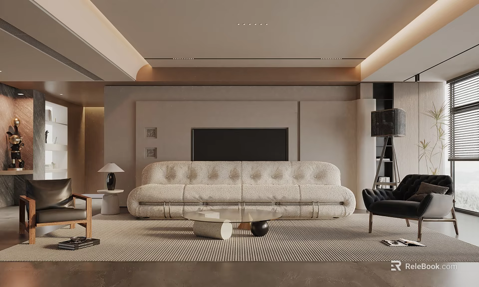 Modern Living Room Interior Design With Beige Sofa TV Wall Area Rug And Black Armchair 3d model 