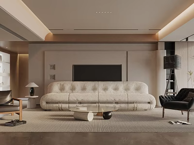 Modern Living Room Interior Design With Beige Sofa TV Wall Area Rug And Black Armchair 3d model