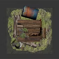 Cartoon Scene Showing Wooden Outhouse Red Door Grass on Roof White Toilet and Surrounding Logs
