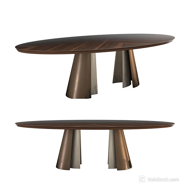 Modern Oval Coffee Table With Wooden Top And Sleek Metal Conical Legs Design 3d model 