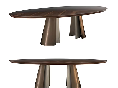 Modern Oval Coffee Table With Wooden Top And Sleek Metal Conical Legs Design 3d model