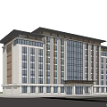 Modern Office Building With Glass Curtain Walls Stone Facade And Landscaped Trees Under Blue Sky