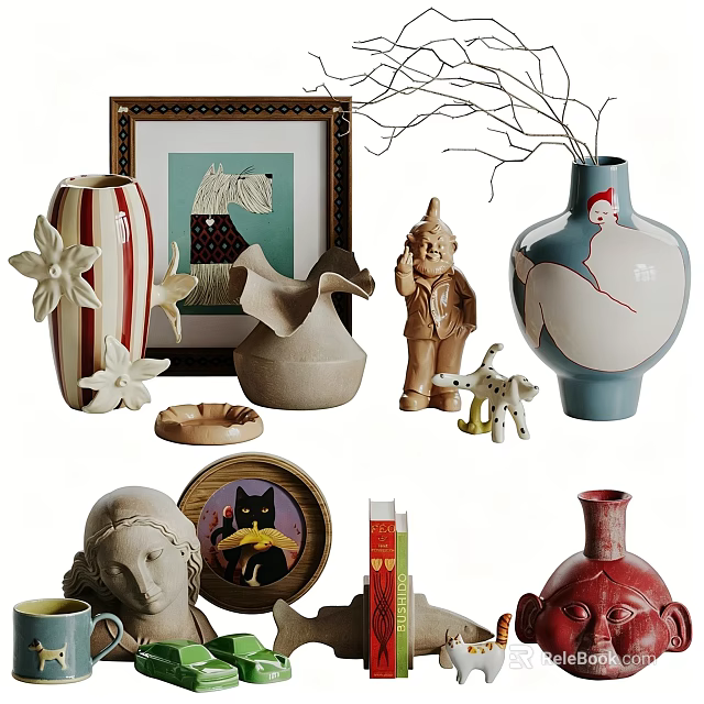 Artistic Decorative Ornament Set With Vases Sculptures Framed Art Branches And Decorative Plates 3d model 