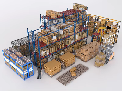Warehouse Multi tiered Shelves With Stacked Boxes Forklift And Worker In Storage Area 3d model