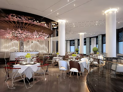 Elegant Spacious Modern Banquet Hall With Delicate Ceiling Decor And Well Arranged Comfortable Dining Spaces 3d model