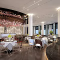 Elegant Spacious Modern Banquet Hall With Delicate Ceiling Decor And Well Arranged Comfortable Dining Spaces