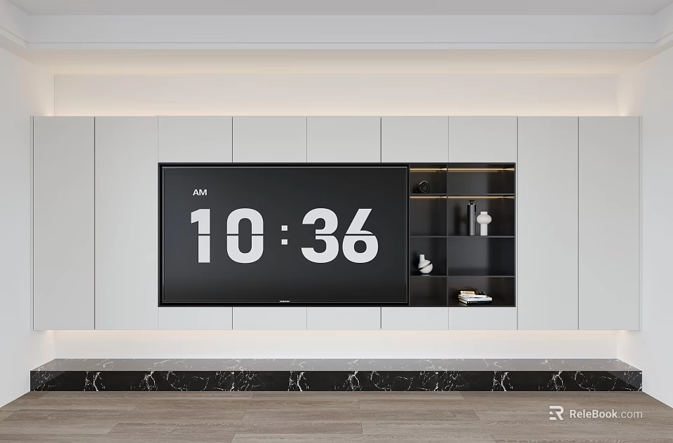 Modern TV Background Wall Design With Flat Screen TV Storage Cabinets And Marble Countertop 3d model 