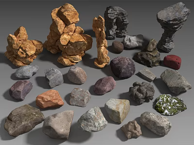Varied Natural Stones And Wooden Elements For Decorative Collection 3d model