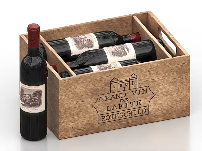 Premium Red Wine Bottles in Wooden Crate Featuring Grand Vin de Lafite Rothschild 3d model
