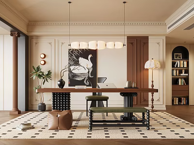 Elegant Home Office Interior With Long Wooden Desk Green Upholstered Bench Bookshelves And Pendant Lights 3d model