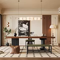 Elegant Home Office Interior With Long Wooden Desk Green Upholstered Bench Bookshelves And Pendant Lights