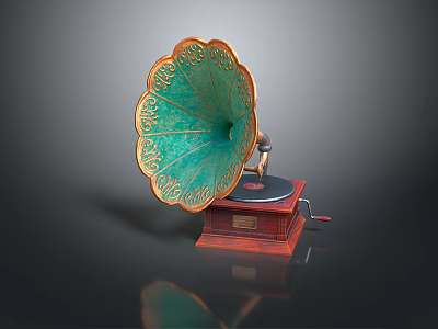 Vintage Phonograph with Teal Horn Gold Floral Patterns and Wooden Base Classic Design 3d model