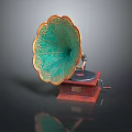 Vintage Phonograph with Teal Horn Gold Floral Patterns and Wooden Base Classic Design