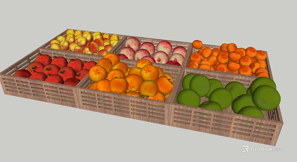 Supermarket Grocery Colorful Fresh Assorted Fruits Organized in Wooden Crates 3d model 