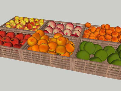 Supermarket Grocery Colorful Fresh Assorted Fruits Organized in Wooden Crates 3d model