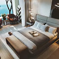 Cozy Bedroom Interior With Gray Headboard Well Made Bed Pillows Fan Nightstand And Maroon Chair