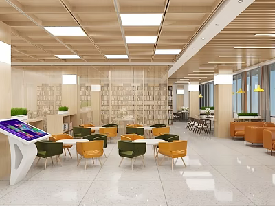 Modern Book Art Interior Design With Wooden Bookshelves And Colorful Chairs 3d model