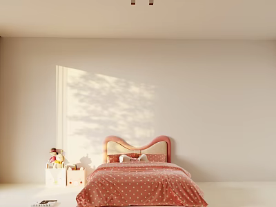 Kids Bed with Pink Headboard Red Polka Dot Bedding and Toys on Light Colored Room 3d model