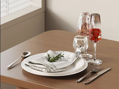 Elegant Dinnerware Set With White Plate Napkin Rosemary Cutlery And Wine Glasses 3d model