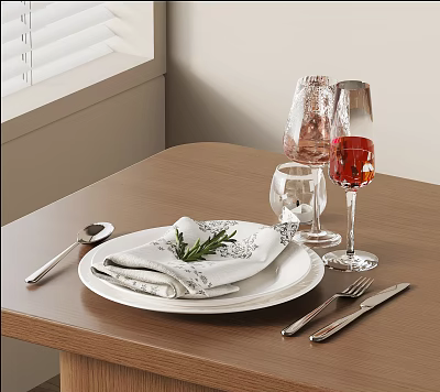 Elegant Dinnerware Set With White Plate Napkin Rosemary Cutlery And Wine Glasses 3d model