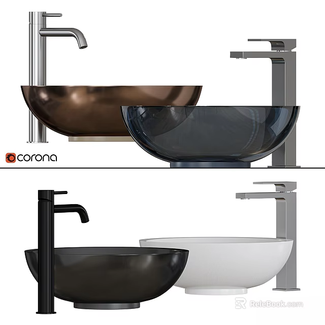 Modern Vessel Sink Designs In Black White Copper With Chrome Faucets 3d model 