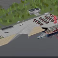 Port Scenery with Cargo Ship Red Crane Parked Trucks Building Green Trees and Water