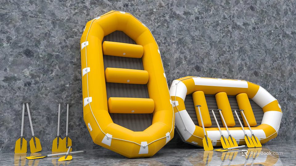 Yellow And White Inflatable Boats With Air Chambers And Yellow Paddles 3d model 