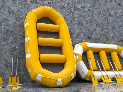Yellow And White Inflatable Boats With Air Chambers And Yellow Paddles 3d model
