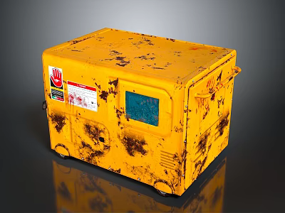 Industrial Yellow Worn Generator With Blue Screen And Warning Labels On Surface 3d model