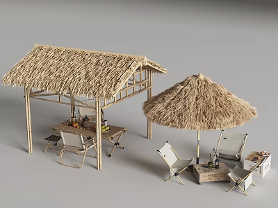 Outdoor Thatch Roof Canopies With Wooden Frames And Leisure Tables Chairs 3d model