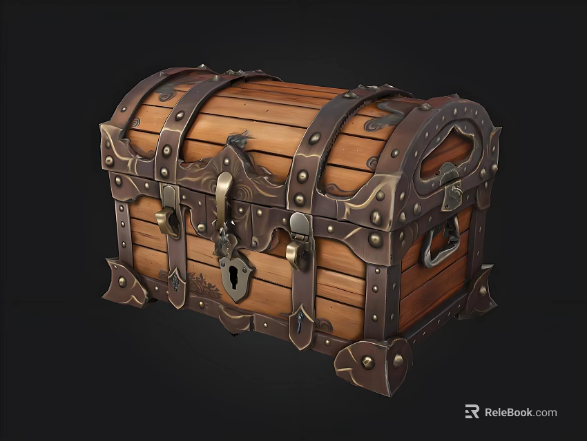 Vintage Wooden Treasure Chest With Metal Straps Lock And Decorative Rivets 3d model 