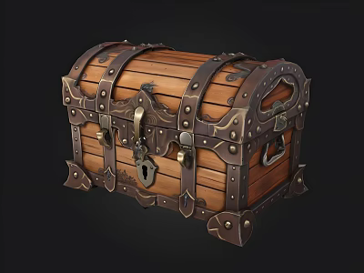 Vintage Wooden Treasure Chest With Metal Straps Lock And Decorative Rivets 3d model