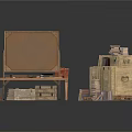 Wooden Desk With Drawing Board Stationery Papers And Stacked Books Nearby