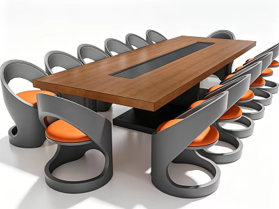 Modern Wooden Conference Table With Black Center Panel And Gray Frame Orange Cushion Chairs 3d model